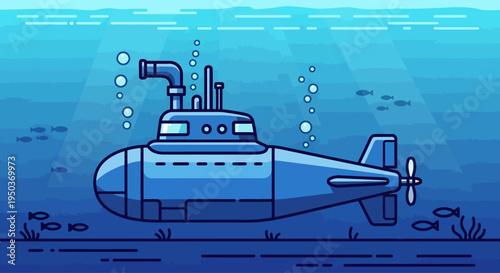 Blue Submarine Underwater Ocean Scene with Fish and Bubbles