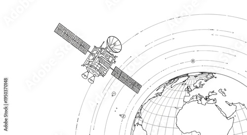 Satellite orbiting planet Earth in outer space illustration.