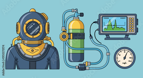 Vintage Diving Suit Equipment with Monitor and Pressure Gauge