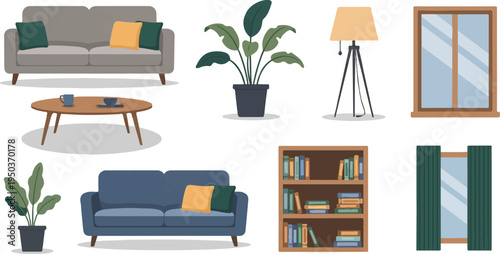 Cozy living room elements with furniture, plants, window, and lamp