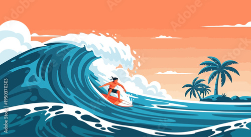 Surfer Riding Epic Wave at Sunset, Tropical Paradise Island with Palm Trees