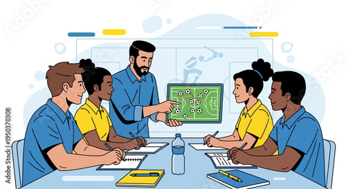 Soccer Coach Explains Strategy to Young Players During Team Meeting