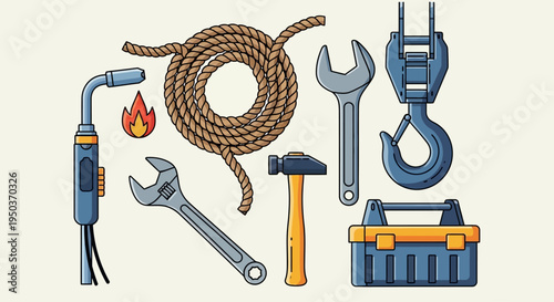 Set of Tools: Welding Torch, Rope, Wrenches, Hammer, Crane Hook, Toolbox