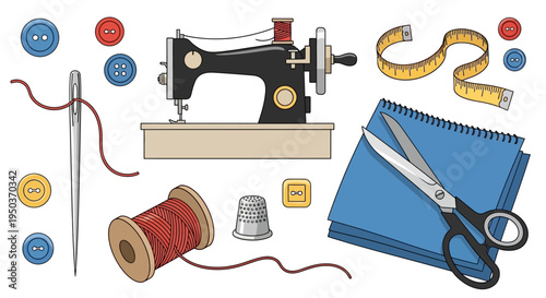 Sewing Machine and Supplies: Needle, Thread, Scissors, Fabric, Thimble, Measuring Tape, Buttons