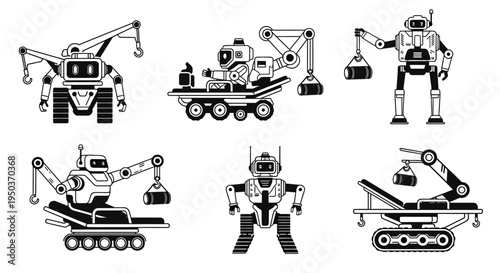 Set of Industrial Robots with Cranes and Loaders, Futuristic Technology Icons