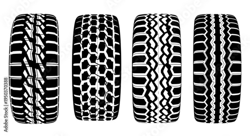 Set of Four Different Tire Treads: Off-road, All-terrain, Highway, and Mud Grip Patterns