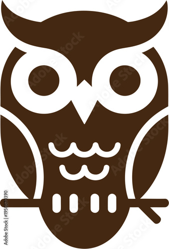Brown stylized owl perched on a small horizontal branch icon.