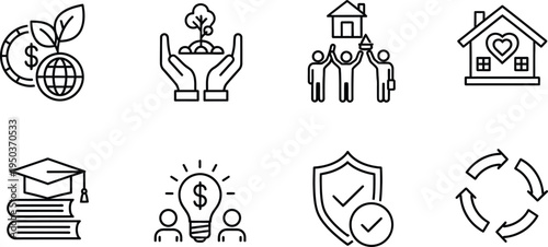 A collection of eight line icons representing eco friendly educational and financial security concepts in a simple and minimalist style