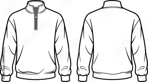 Men’s quarter zip pullover sweatshirt technical fashion template with front and back views long sleeve mock neck sports jacket outline apparel design mockup