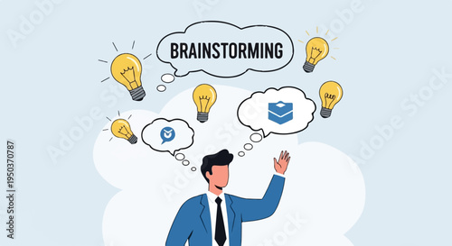 Businessman brainstorming ideas, with lightbulbs and thought bubbles