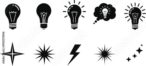 Collection of light bulb and electricity symbols in black and white
