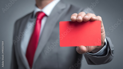 Professional businessman in a classic gray suit with a bright red tie present a blank red card for text insertion or custom design template