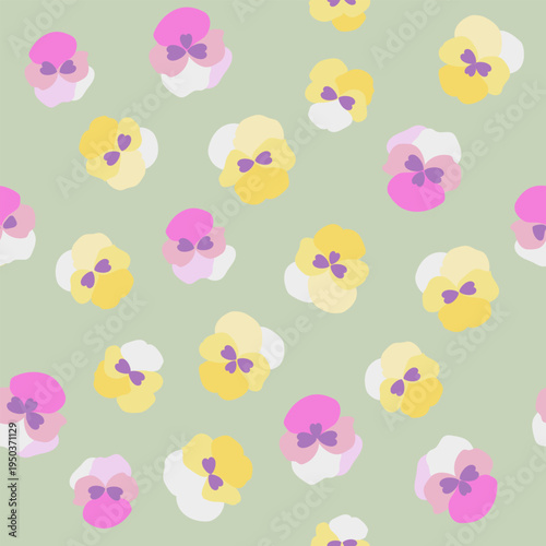 Pansy illustration in popcorn or rounded cloud shapes, designed as a repeat pattern for fabric or packaging print.