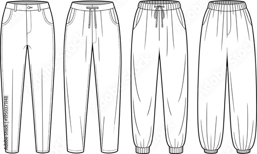 Men jogger pants technical fashion flats set, front view vector outline, elastic waistband and drawstring sweatpants template for apparel design, clothing mockup and garment production