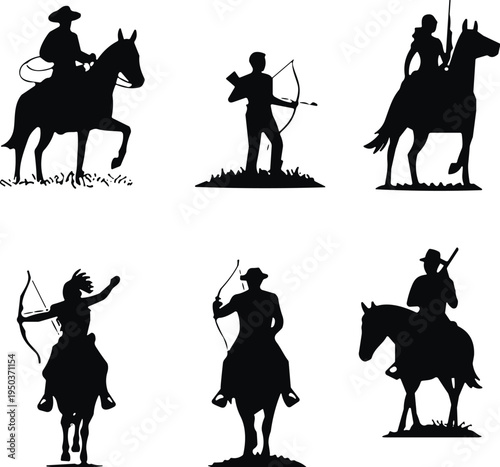 Cowboy and archer silhouette icon set with horse riders and bow hunter figures, western lifestyle symbols isolated collection for vintage design, logo, and decoration