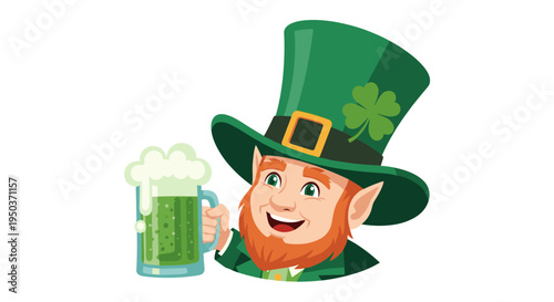 A cheerful, red-bearded leprechaun in a green top hat with a shamrock, holding a frothy mug of green beer, celebrating St. Patrick's Day.