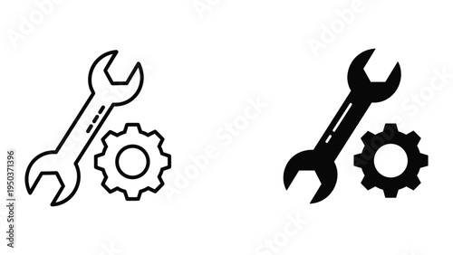 Wrench and Gear Icons: Tools for Mechanical Engineering, Repair, and Settings