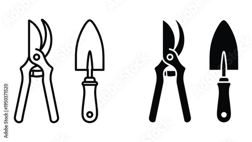 Gardening Tools Icons: Outline and Solid Set of Pruning Shears and Trowel