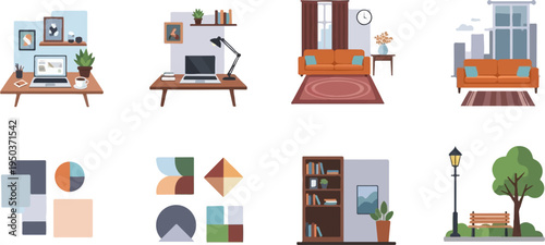 Diverse scenes cozy home offices, living rooms, abstract shapes, library, and park