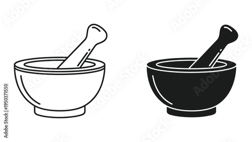 Mortar and Pestle Icons: Line Art and Silhouette, Isolated on White Background