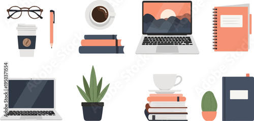 Flat design elements laptops, books, coffee, plants, and stationery