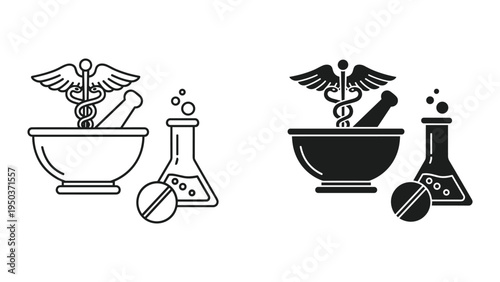 Pharmacy and Medicine Icons: Caduceus, Mortar Pestle, Beaker, Pill, Health, Science, Research, Lab Equipment