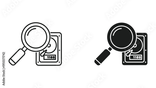 Magnifying glass over hard drive icon, data search and analysis concept, two icons, outline and solid fill