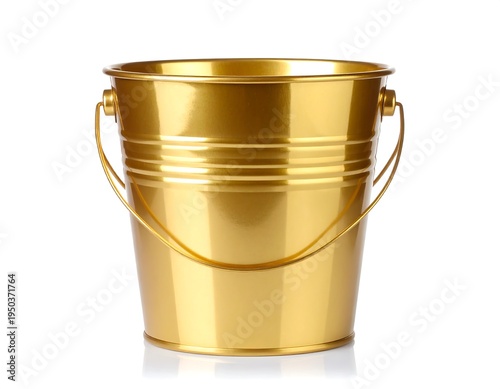 Shiny, golden bucket with handle isolated on a bright white background