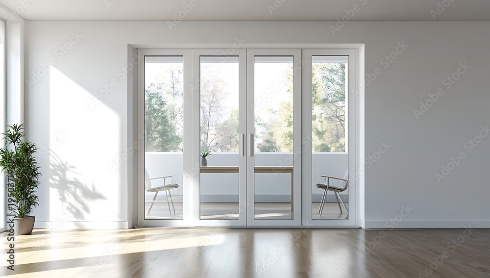 Fototapeta premium Bright living room with white walls and wooden floor leading to a balcony with glass doors