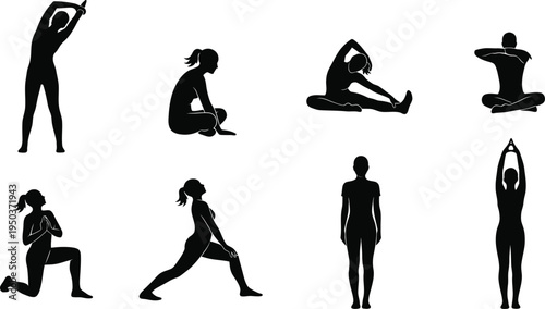 Yoga poses for flexibility and strength various black silhouettes of people in different exercise positions