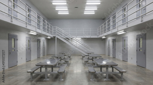 Modern correctional facility common area with metal tables and benches, multiple doors, and upper walkway