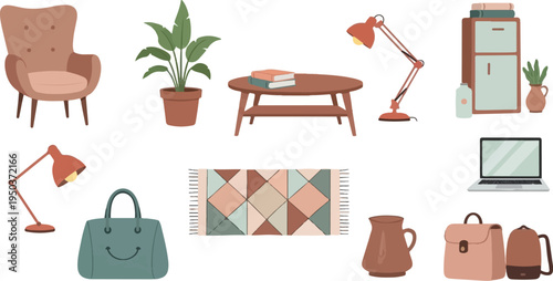 A cozy home interior scene with furniture, plants, and accessories