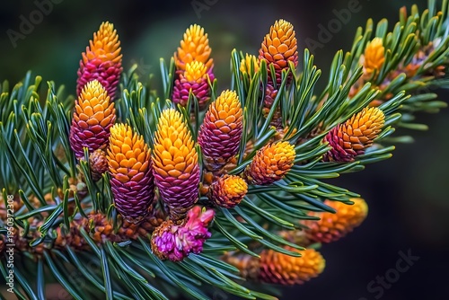 Close-up of vibrant colorful young pine cones and green needles on a spruce tree branch, showcasing natural beauty and growth in a forest setting, perfect for nature-themed designs and seasonal