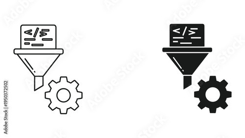 Data Filtering and Processing Icon: Funnel, Code, and Gear Symbol