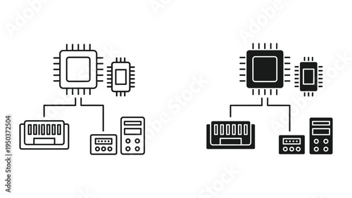 Computer Chips Connected to Keyboard, Router, and Server Icons
