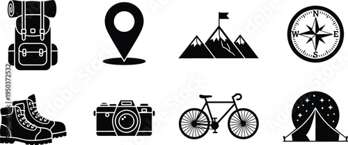 Collection of travel and outdoor adventure icons in black and white