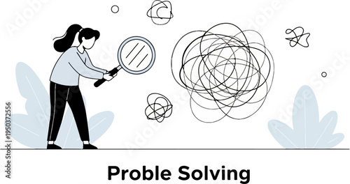 Woman with magnifying glass examines a tangled mess of lines, representing complexity