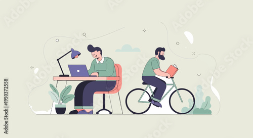 Two people engaged in work and reading while commuting