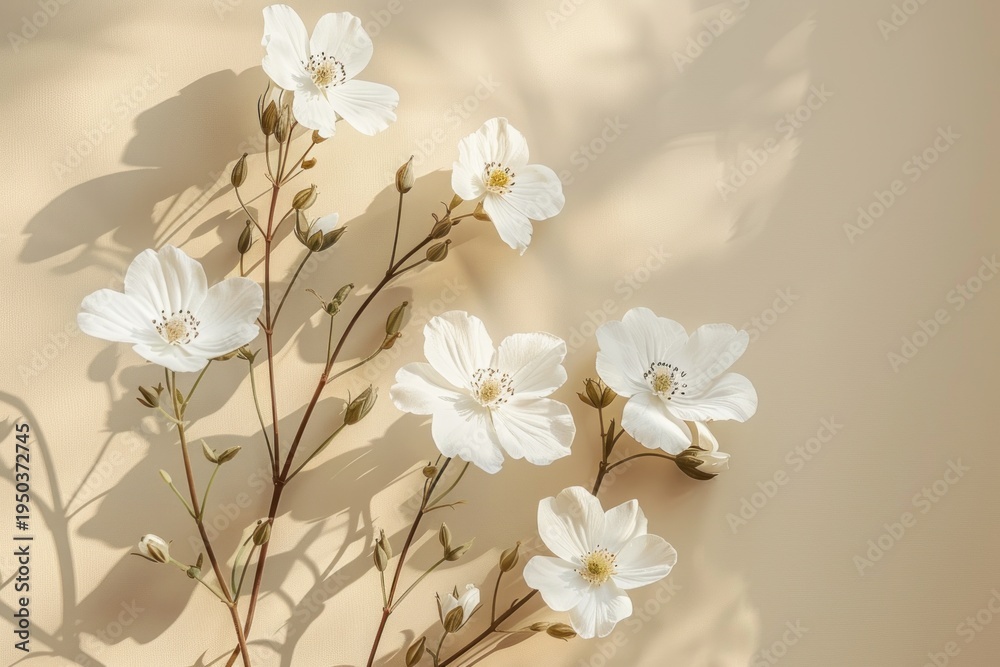 Fototapeta premium White flowers botanical composition on beige background with soft natural light and shadows minimal floral aesthetic Generative AI