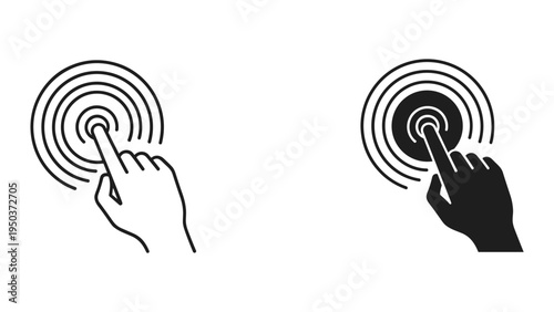 Finger pressing on screen, tap gesture icon, outline and solid fill, white background