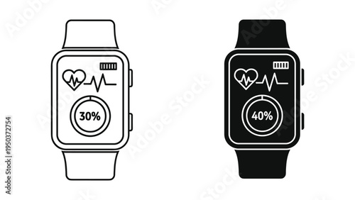 Smartwatch Icons with Heart Rate and Battery Level Displays, Black and White Line Art and Solid Fill