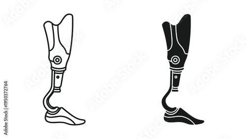 Prosthetic Leg Icon Set: Line Art and Solid Silhouette