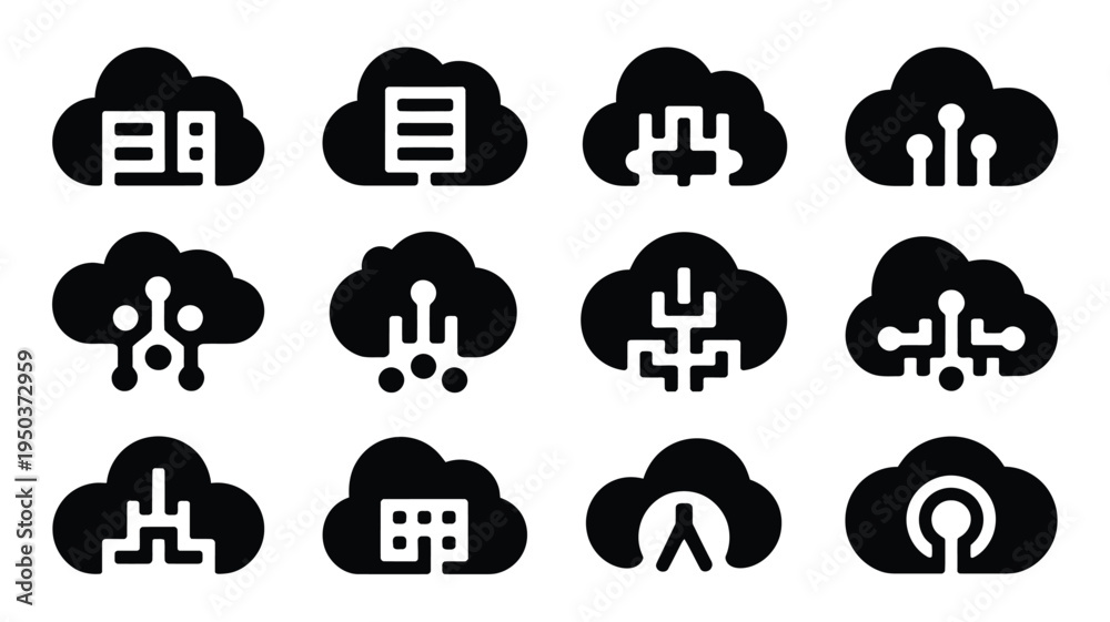 Obraz premium Collection of modern startup logos and cloud computing icons in black and white symbolizing technology and innovation