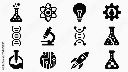 Science icons set including beaker atom lightbulb gear dna microscope rocket circuit on white background