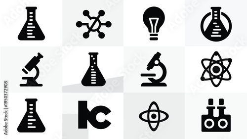 Science icons set including laboratory equipment and atomic structures in black on white background for educational and research purposes