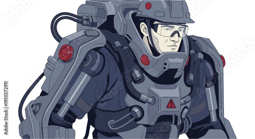 A determined man in a futuristic, heavy-duty exoskeleton suit and safety gear, ready for industrial work or hazardous environments.