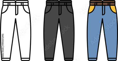 Minimalist Pants Set Illustration Showing Three Styles in Line Art, Dark Gray and Blue Denim Flat Design Vector