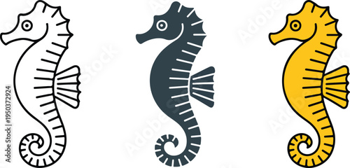 Minimalist Seahorse Illustration Set Showing Line Art Silhouette and Bright Yellow Marine Animal Vector Icon Design