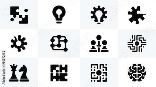 Collection of 12 minimalist startup logos and icons for business and technology concepts on a white background