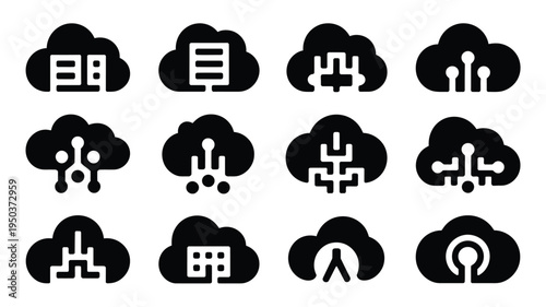 Collection of modern startup logos and cloud computing icons in black and white symbolizing technology and innovation